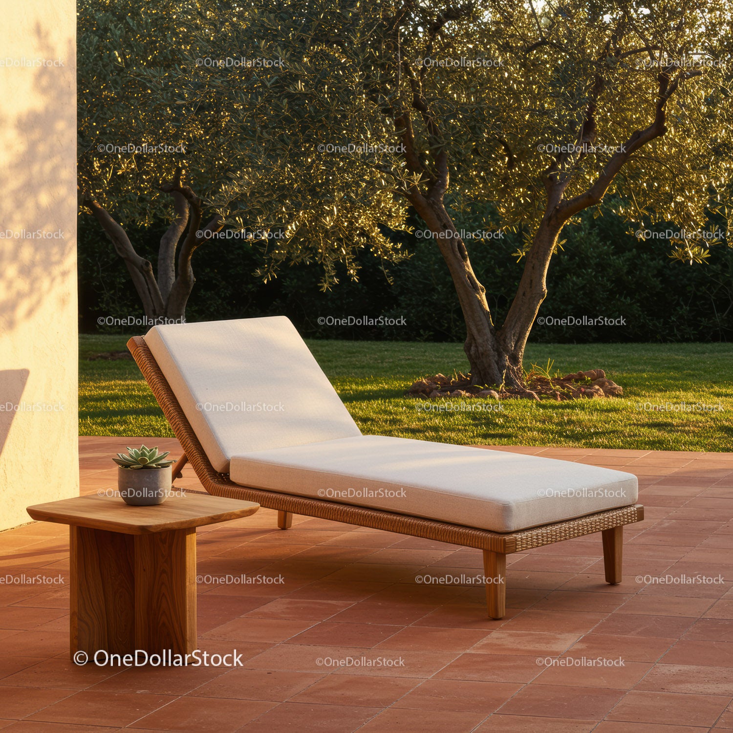 Modern White Sunbed Garden Lounge with Side Table and Potted Plant