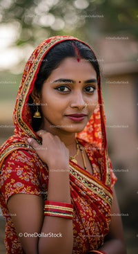 Indian Woman Wearing Red Sari with Gold Embellishments for Celebrations