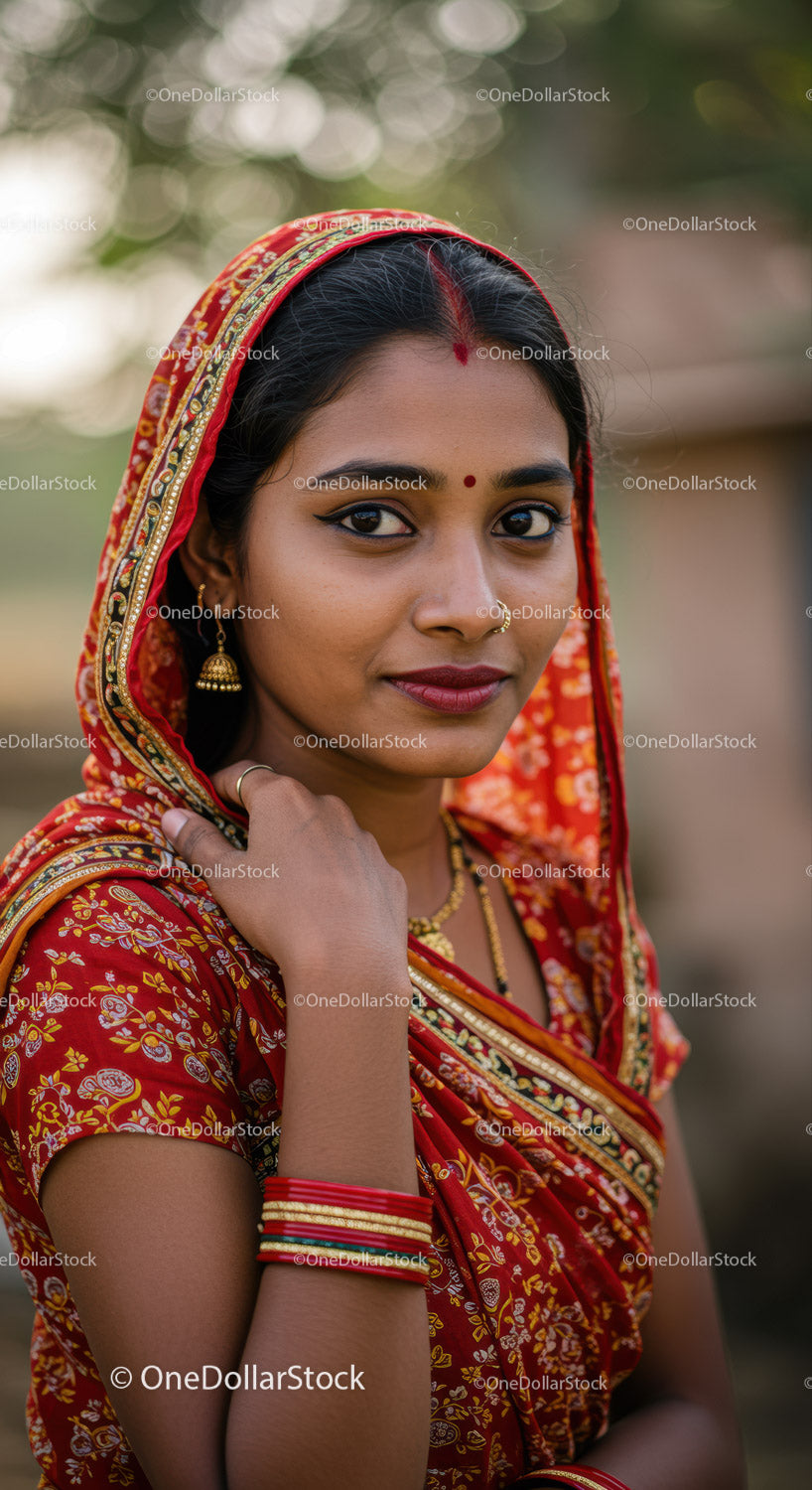 Indian Woman Wearing Red Sari with Gold Embellishments for Celebrations