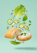 Fresh Sandwich Ingredients Floating on Blue Background