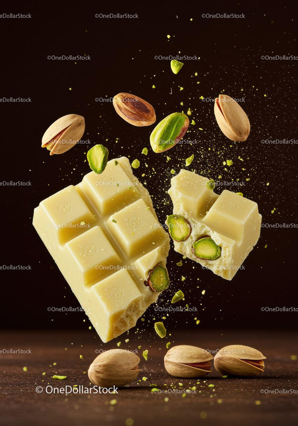 White chocolate bar with crunchy pistachio nuts breaking apart