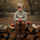 Young boy holding apple sitting on stacked firewood outdoors
