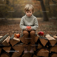 Young boy holding apple sitting on stacked firewood outdoors