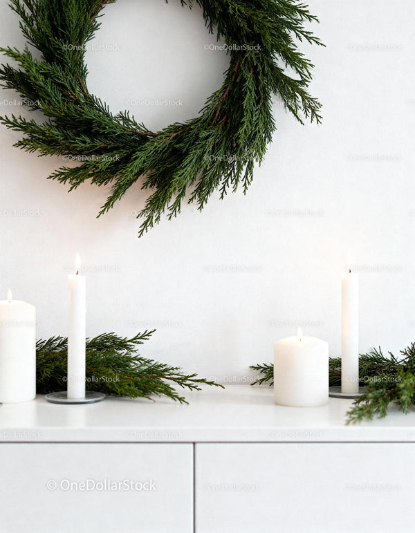 Minimalist Christmas wreath and glowing candles decor