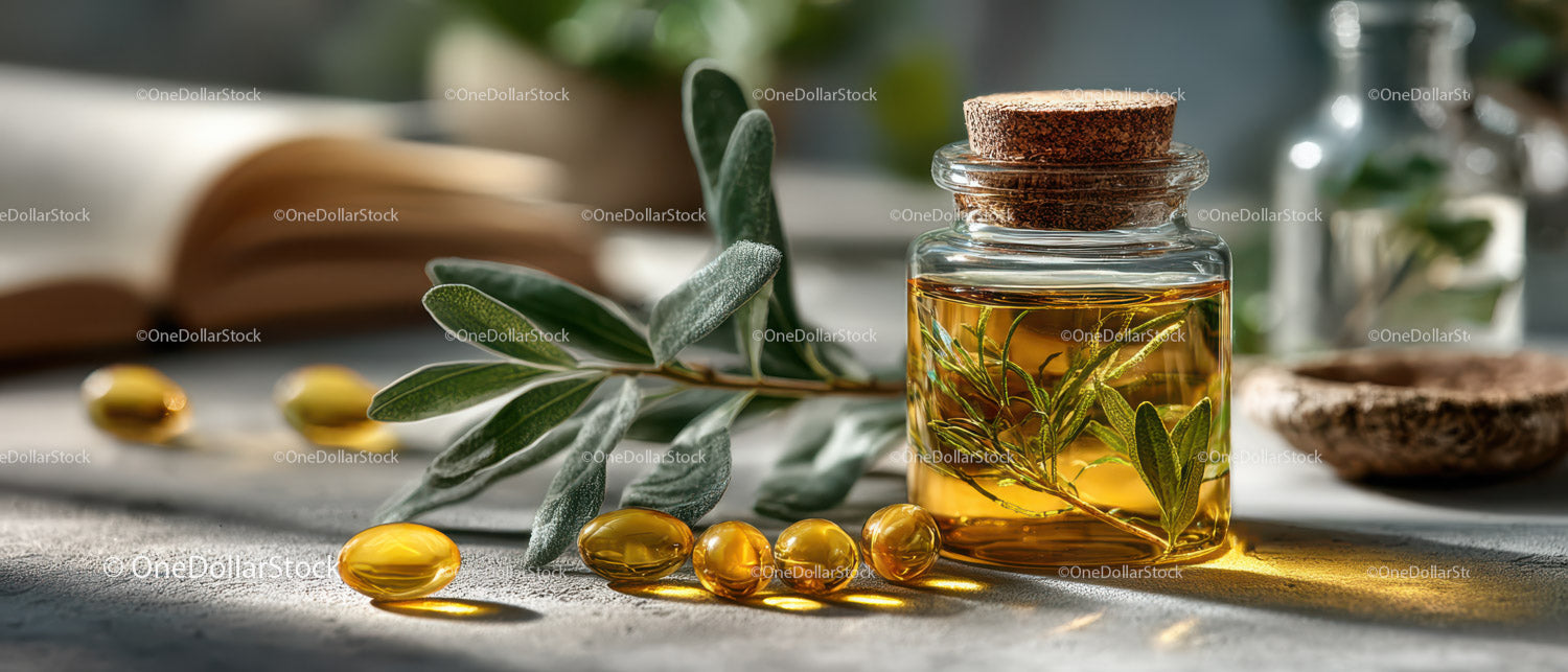 Herbal Essential Oil in Glass Jar with Olive Branch and Capsules