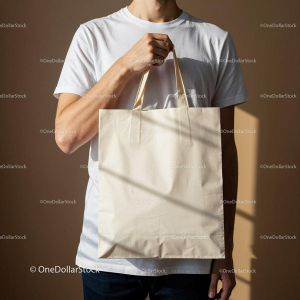 Man holding blank beige reusable canvas tote bag JPG Mockup Image