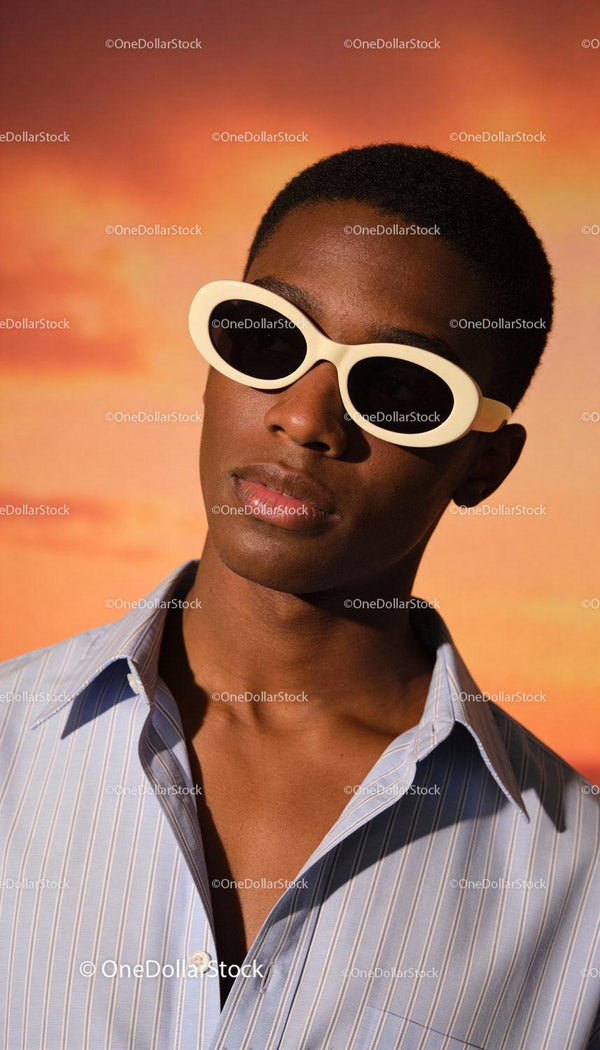 Young man in retro sunglasses against warm sunset sky