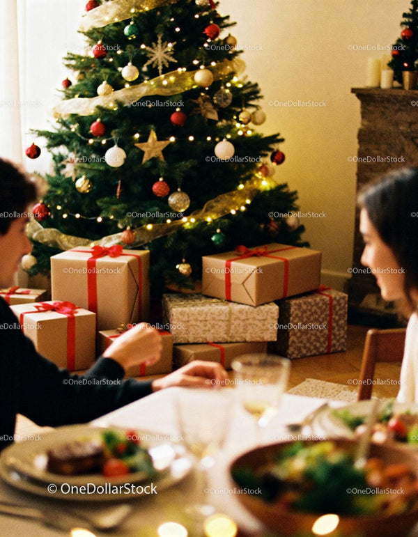 Couple Enjoying Christmas Dinner Near Festive Tree