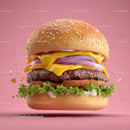 Juicy Cheeseburger with Melty Cheese and Fresh Vegetables on Pink Background