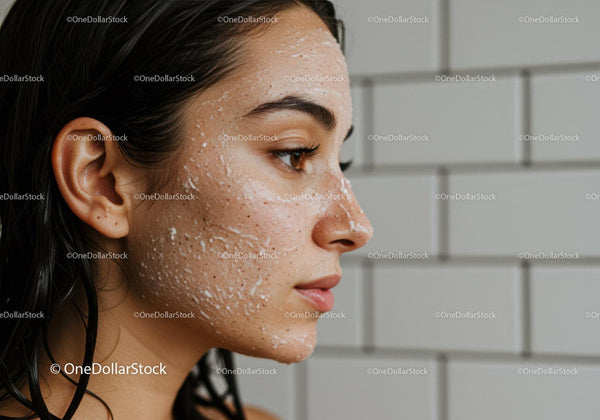 Side portrait of young woman with facial exfoliating scrub