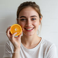 Joyful Woman Holding Fresh Orange Slice in Bright Studio