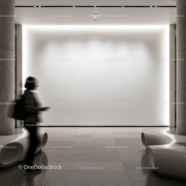 Modern gallery interior with illuminated white wall JPG Mockup Image