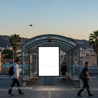 Urban bus stop shelter with blank advertisement display