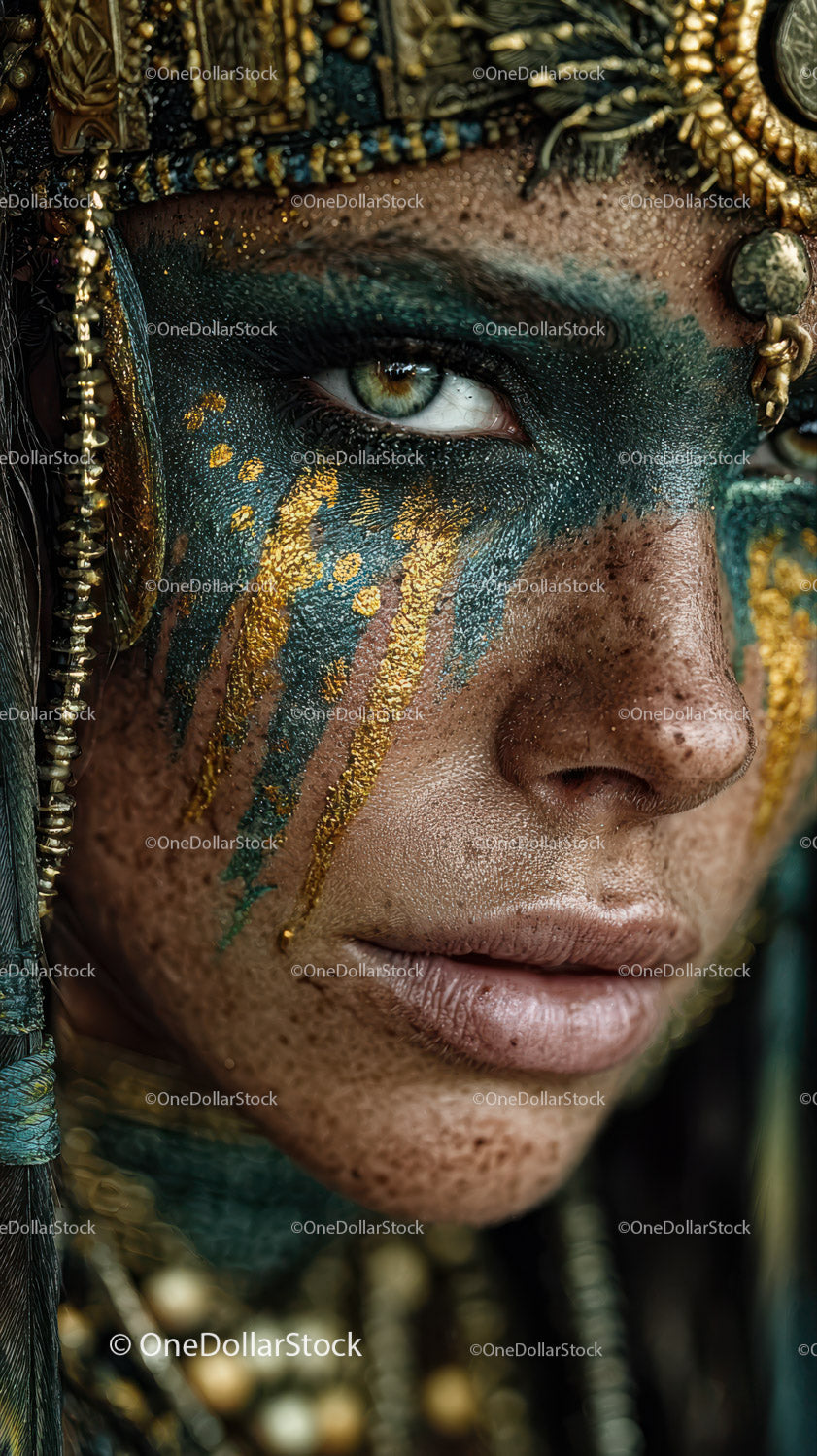 Vibrant Festival Face Paint with Gold Accents and Ornate Jewelry