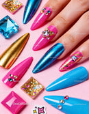 Bright colorful long acrylic nails with rhinestone art