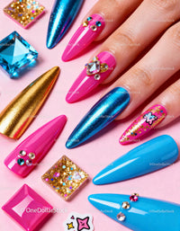 Bright colorful long acrylic nails with rhinestone art