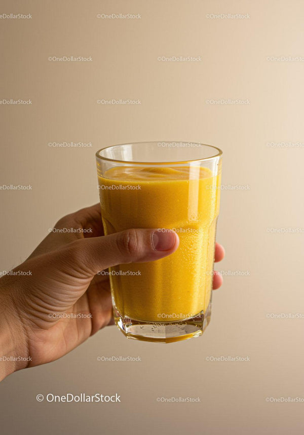 Hand Holding Glass of Fresh Mango Smoothie
