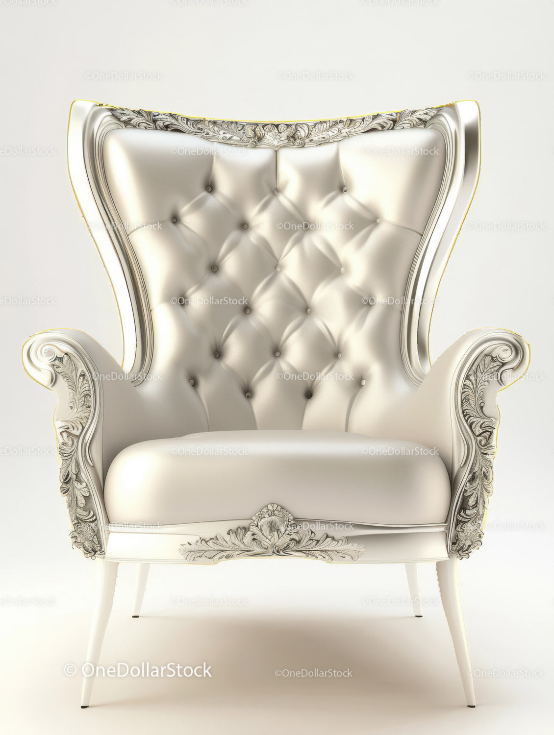 Elegant Vintage White Upholstered Armchair with Intricate Carvings