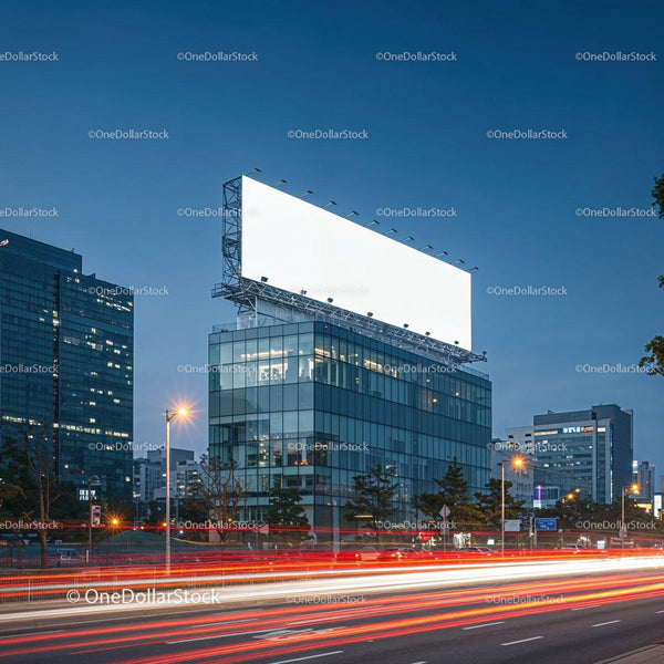 Urban office building with large blank billboard at dusk JPG Mockup Image