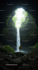 Mysterious Waterfall in Enchanted Cave Surrounded by Lush Forest