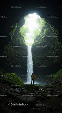 Mysterious Waterfall in Enchanted Cave Surrounded by Lush Forest