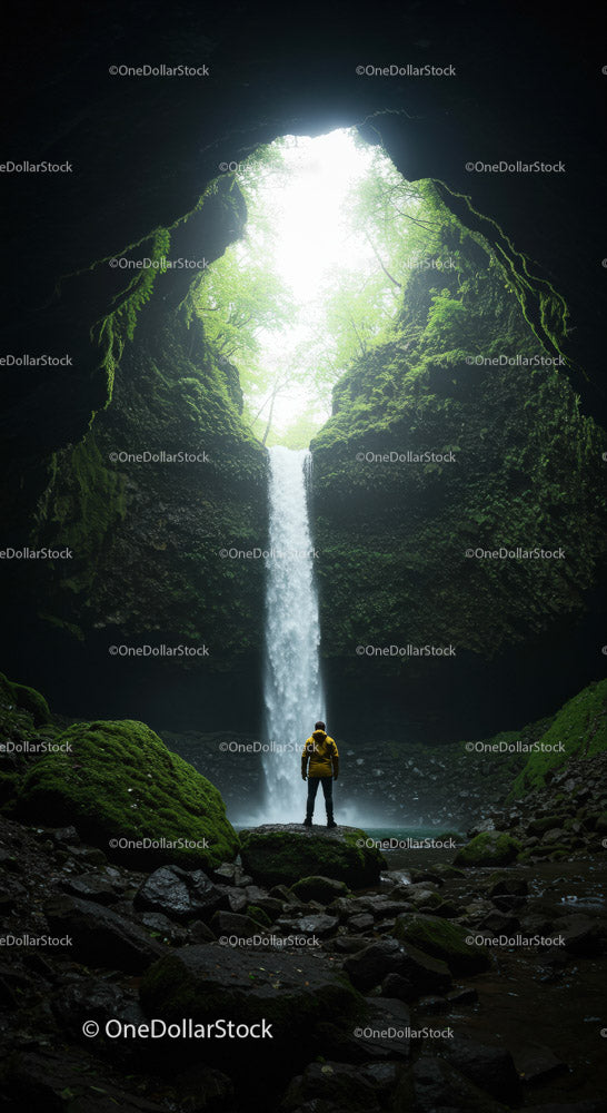 Mysterious Waterfall in Enchanted Cave Surrounded by Lush Forest
