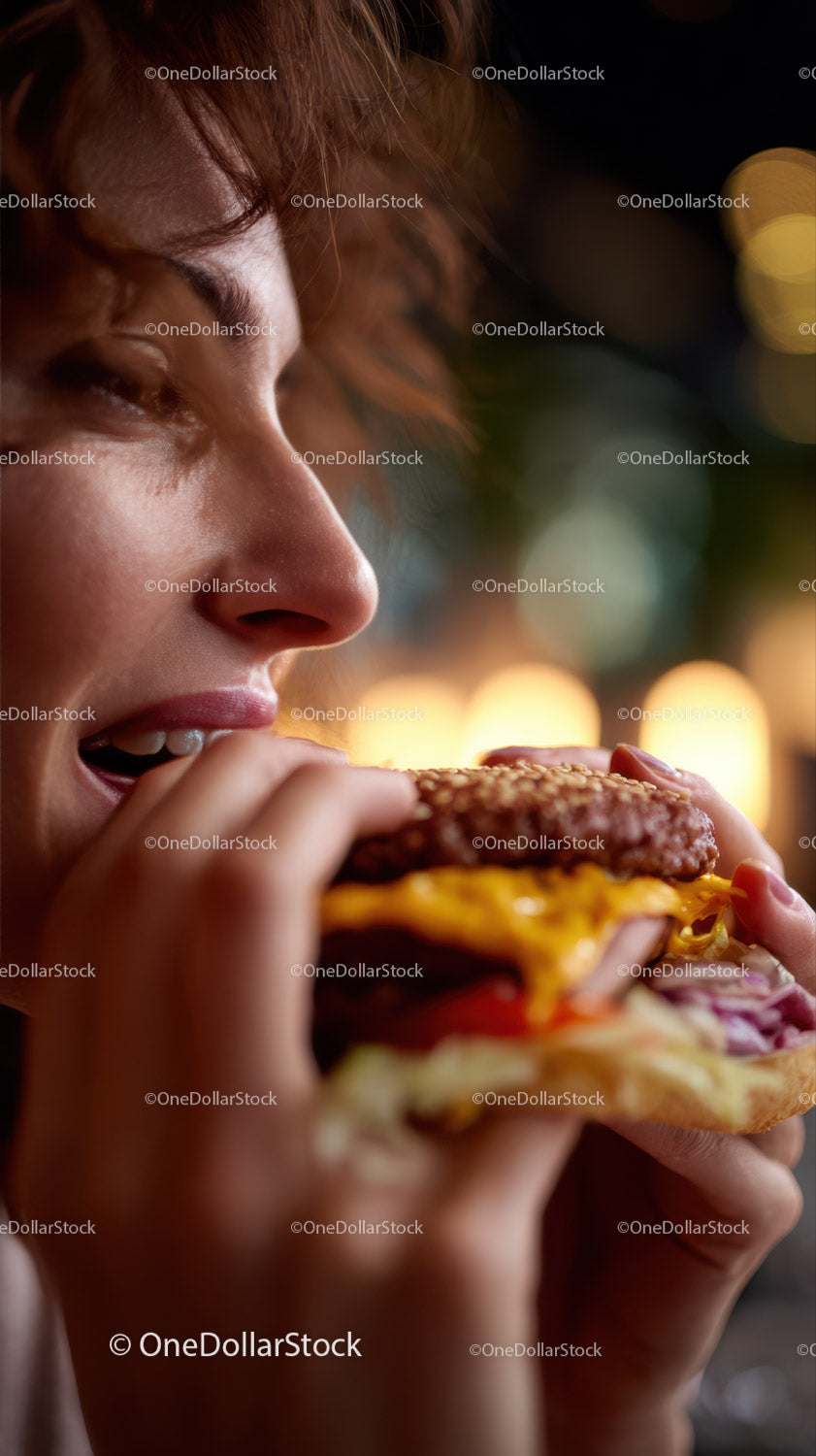 Close-up of Woman Eating Juicy Cheeseburger in Night Scene
