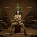 Elegant Model in Brown Suit Posing Amidst Desert Rocks