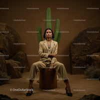 Elegant Model in Brown Suit Posing Amidst Desert Rocks