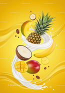Fresh tropical fruits splashing in creamy liquid swirl
