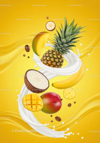 Fresh tropical fruits splashing in creamy liquid swirl