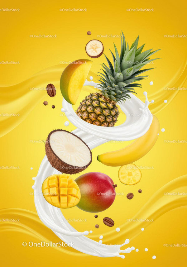 Fresh tropical fruits splashing in creamy liquid swirl