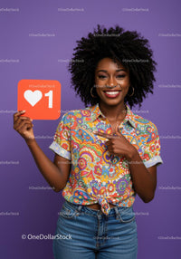 Vibrant Young Woman Holding Like Icon in Bright Casual Outfit