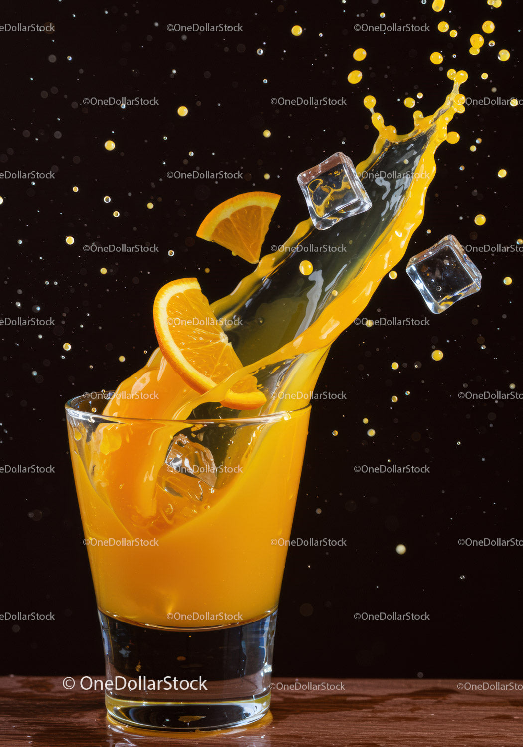 Refreshing orange juice splash with ice cubes and fruit