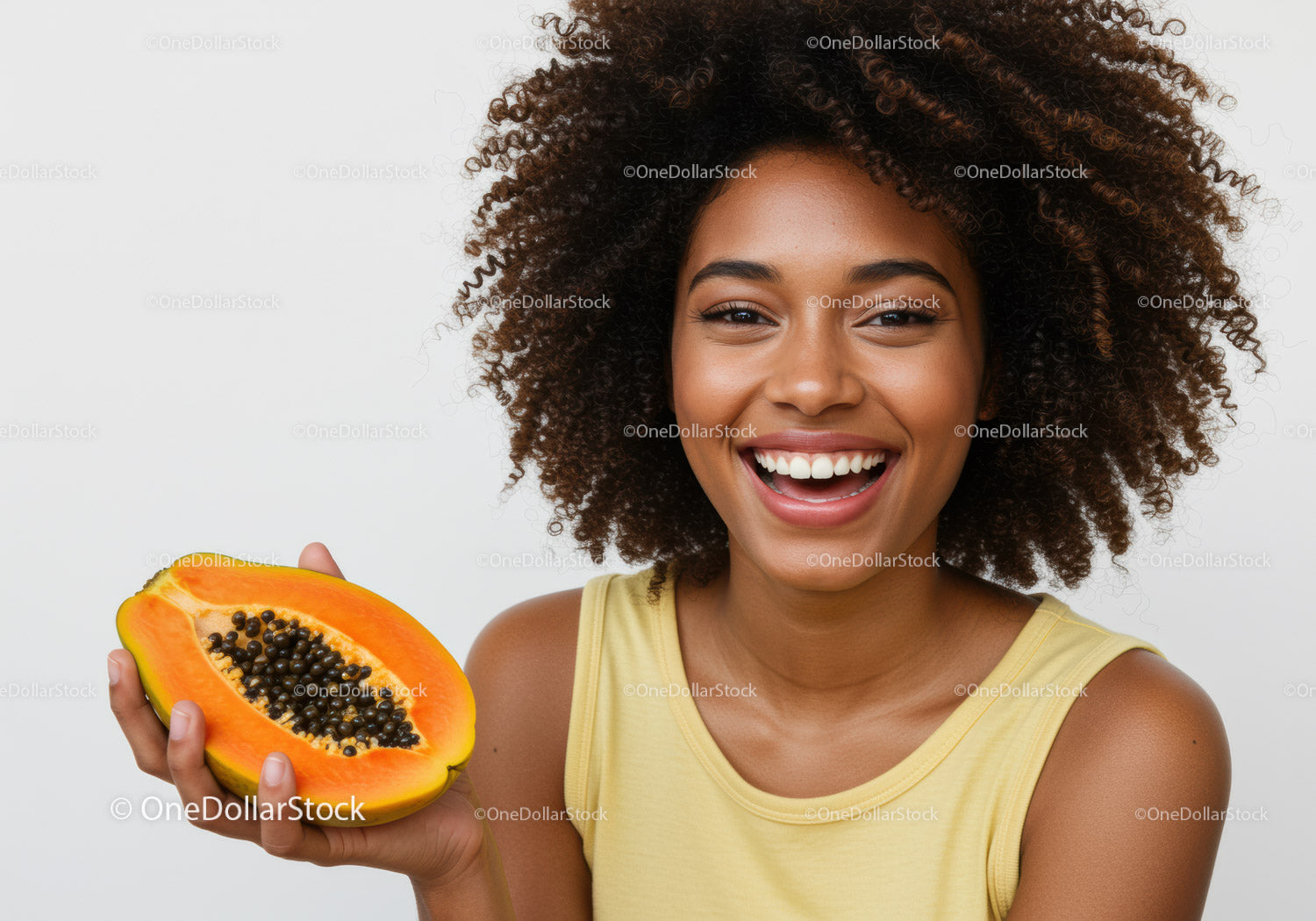 Vibrant Smiling Woman Holding Fresh Papaya