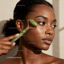 Elegant Woman with Jade Facial Roller for Skincare Beauty Therapy