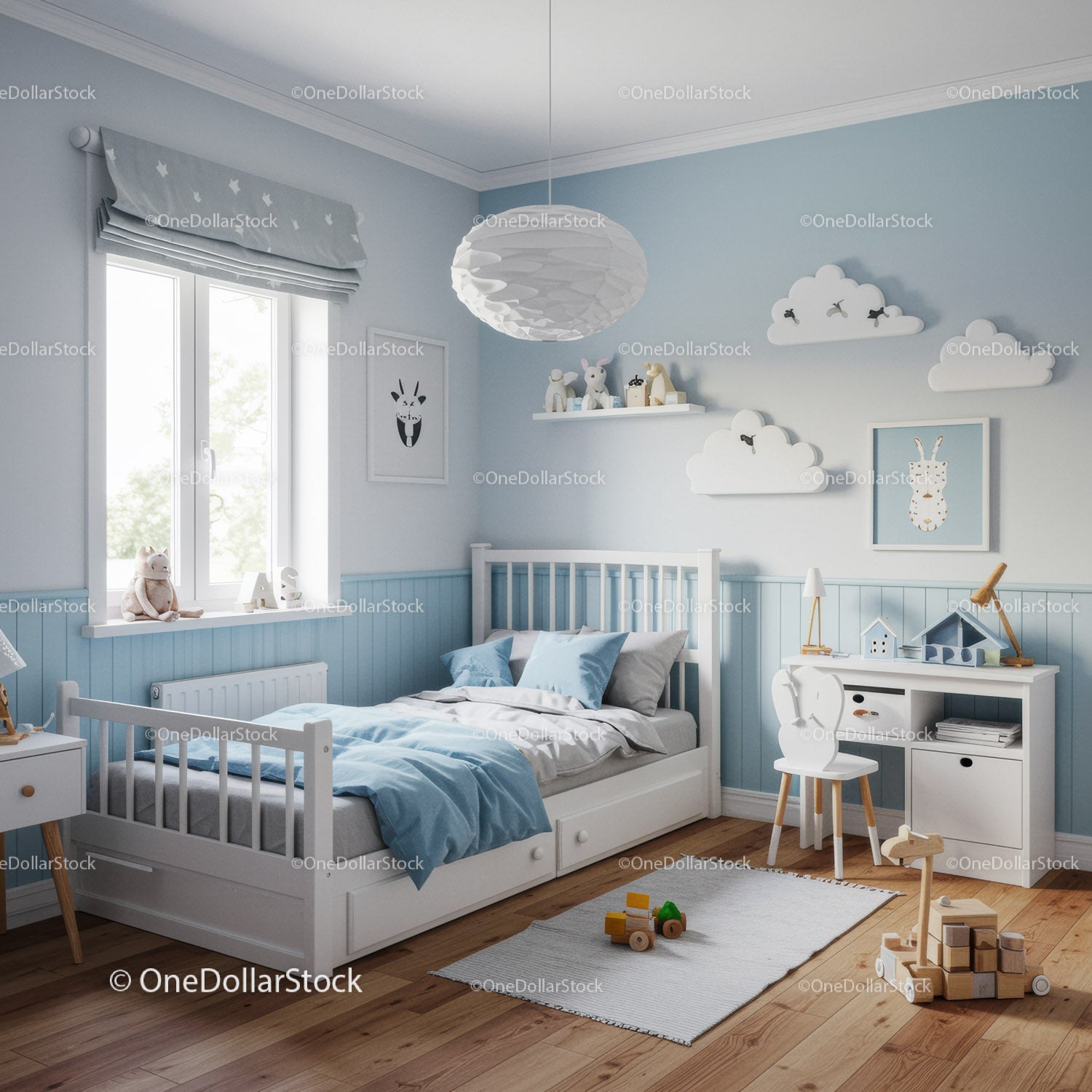 Children's Light Blue and White Nursery with Cloud Wall Art and Toys