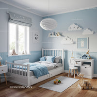 Children's Light Blue and White Nursery with Cloud Wall Art and Toys