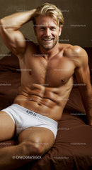 Smiling muscular man relaxing on bed in white underwear