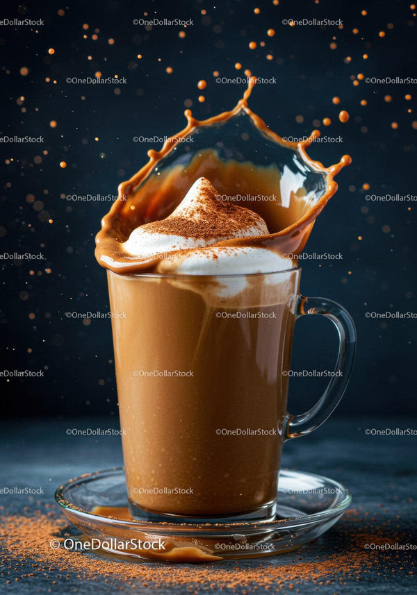 Creamy coffee splash with whipped cream and cocoa powder
