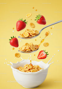 Corn flakes with fresh strawberries splashing in milk