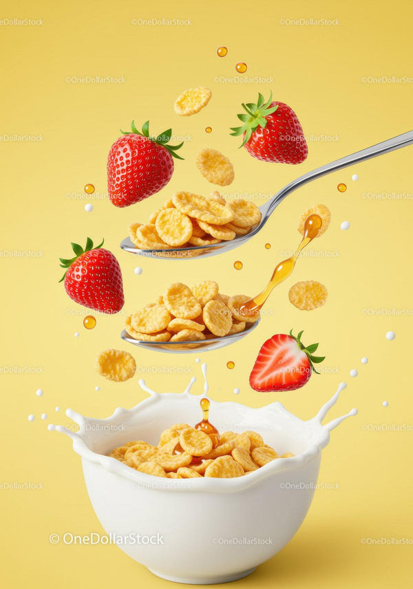Corn flakes with fresh strawberries splashing in milk