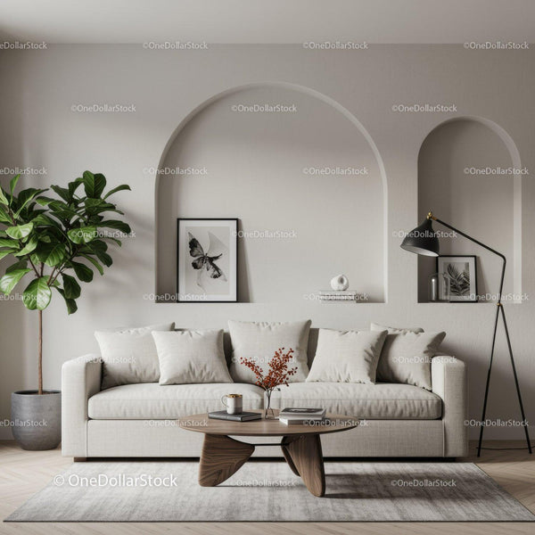 Modern living room with neutral sofa and green plant