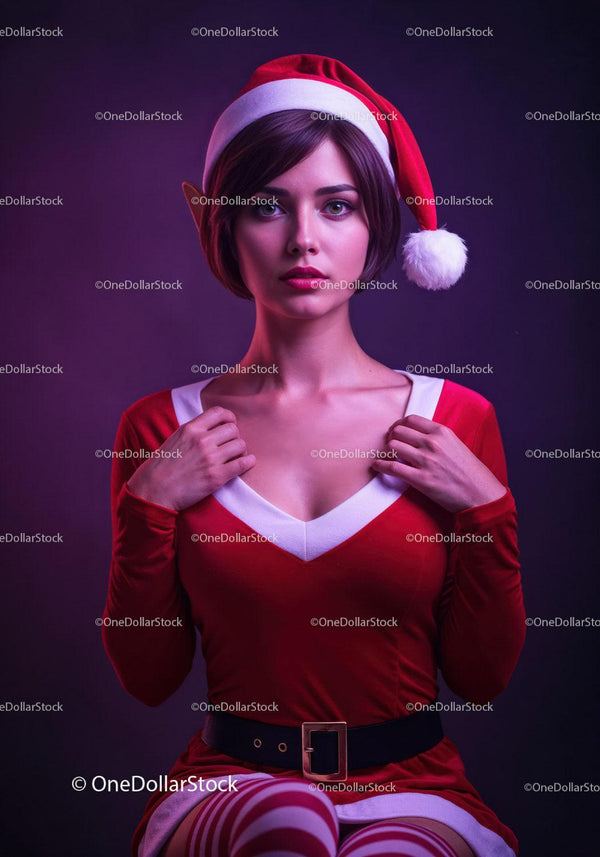Young woman dressed as festive Christmas elf in red outfit