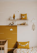 Modern Kids Bedroom Decor with Mustard Yellow and Wooden Shelves