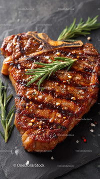 Gourmet Grilled Steak with Rosemary on Black Slate Plate
