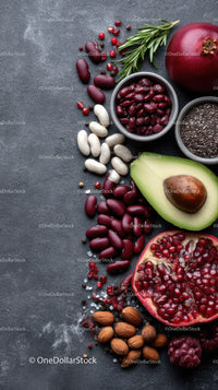 Assorted Beans, Pomegranate, Avocado and Nuts on Dark Surface