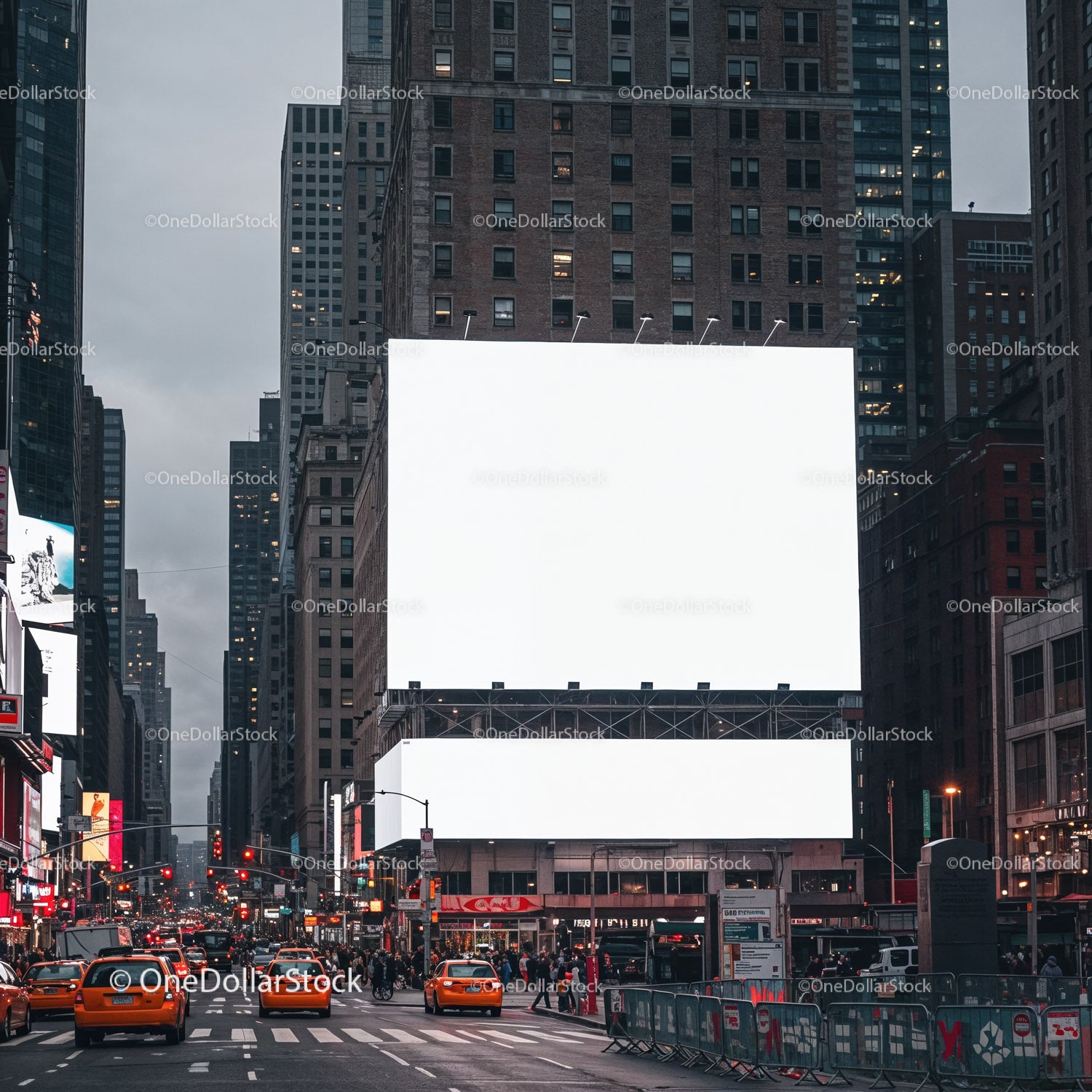 Busy city street with illuminated blank billboards at dusk