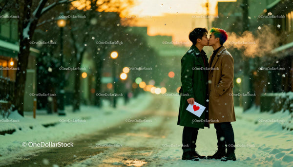 Young couple sharing a tender kiss on snowy city street