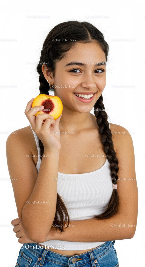 Joyful Teen Girl Smiling While Holding Juicy Peach with Raspberry
